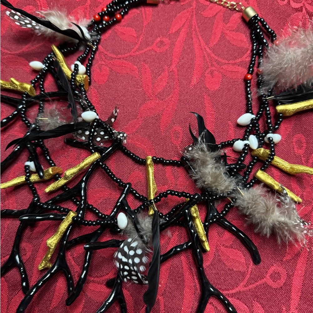 Black and Gold Artististic Necklace with Beads and Feathers